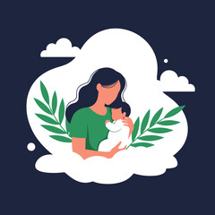 A tender moment of a mother holding her newborn baby surrounded by soft clouds and green leaves.