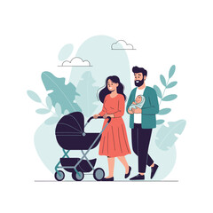 A happy family enjoys a leisurely walk with their newborn baby in a stroller.