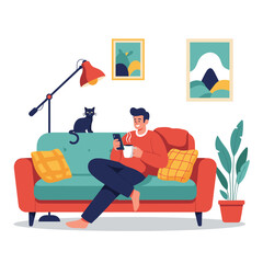 A man enjoying a quiet moment with his phone and a warm drink on a comfortable couch while his cat watches him.