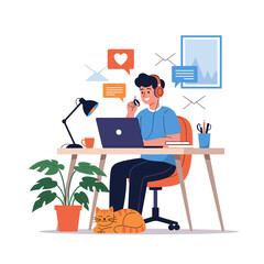 A person working on a laptop at a desk with a cat on their lap.