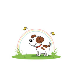 A happy cartoon dog sits in the grass with butterflies flying around a rainbow above its head.