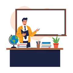 A male teacher stands at a desk in front of a whiteboard holding a book and gesturing.