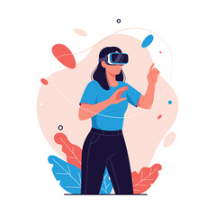 A woman experiencing virtual reality with her hands reaching out into the digital world.