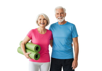 Active senior couple ready for fitness with yoga mats and smiling faces
