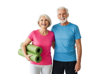 Active senior couple ready for fitness with yoga mats and smiling faces