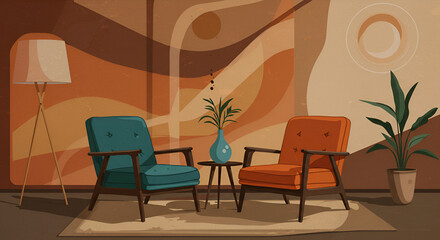 Stylish Mid-century Modern Living Room with Two Armchairs and Indoor Plants