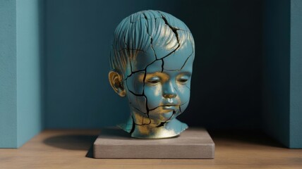 Cracked teal and gold abstract human head sculpture on pedestal