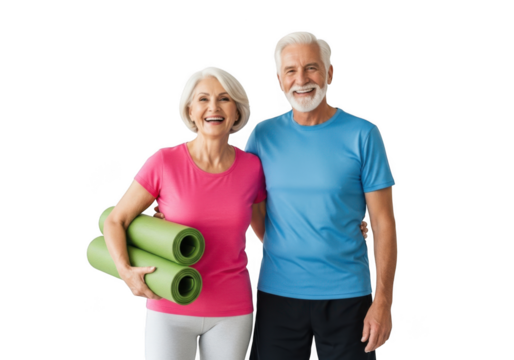 Active senior couple ready for fitness with yoga mats and smiling faces