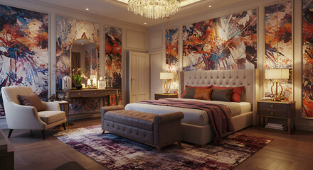Elegant Bedroom with Abstract Wall Art and Classic Furniture in Warm Lighting