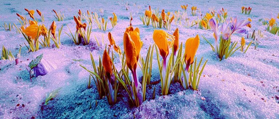 Whispers of spring: blossoms emerge from winter's embrace. Vibrant expression. Slight shift: flowers gently nudging through a blanket of park snow. Fantastical figures. Colorful surrealism.