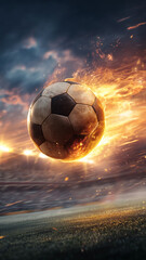 Fototapeta premium Fiery soccer ball speeding through stadium flames