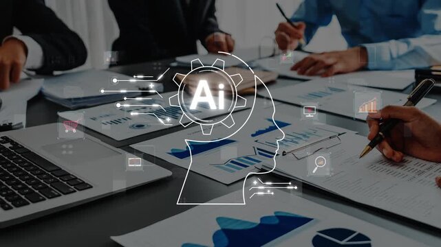 A dynamic business meeting showcasing professionals discussing artificial intelligence analytics, with charts and laptops, highlighting teamwork and innovation in a modern office. Raster