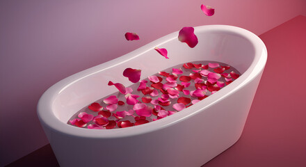 White Bathtub Filled with Pink Rose Petals Falling in Soft Pink Room