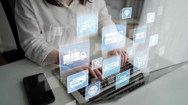 Digital gift card icons show e-commerce, payment, and digital gift card redemption. Digital gift card supports online shopping, secure payment, and customer loyalty programs. Funnel