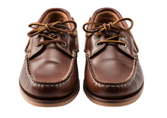 Brown leather boat shoes, eye-level symmetrical view