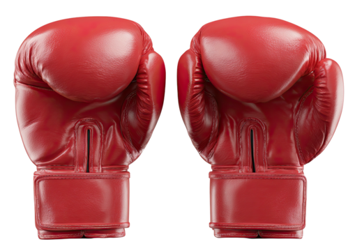 Two bright red boxing gloves, close-up, isolated on black