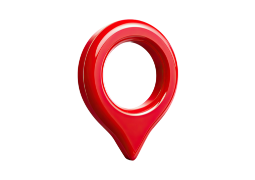 Red, glossy pin marker, location finder on black background