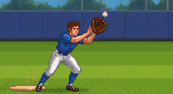Pixel Art Baseball Player Catching Ball on Field in Action Scene