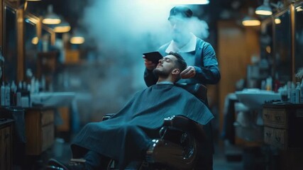 A man in a barber chair surrounded by steam, eyes closed. A barber stands in the background