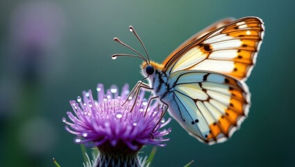 Beautiful butterfly with orange and white wings perched on a purple thistle flower with dew drops