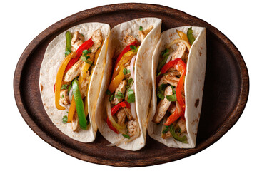 Three chicken fajitas on a rustic oval plate