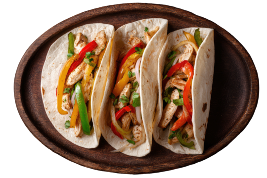 Three chicken fajitas on a rustic oval plate