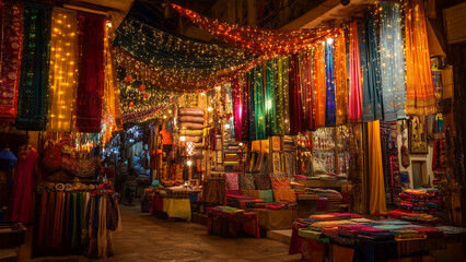 Obraz premium Colorful Christmas Festival Market with Traditional Fabrics and Lights