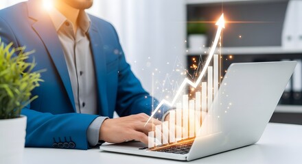 Businessman analyzes rising stock market graph on laptop with glowing financial data overlay
