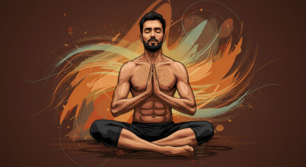 Muscular Man Meditating Cross-legged with Hands in Prayer Pose in Artistic Background