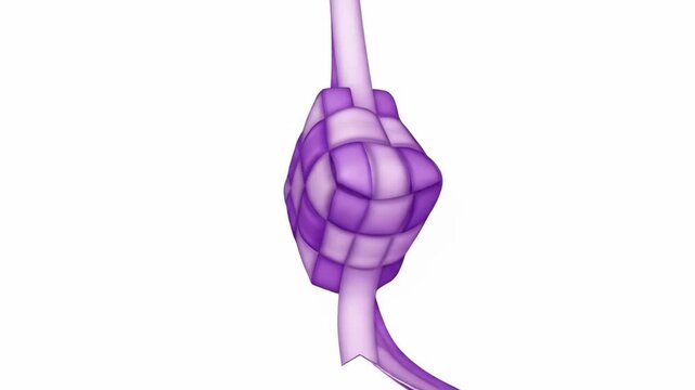 A 3D rendered ketupat, a woven rice cake container, in shades of purple against a white background