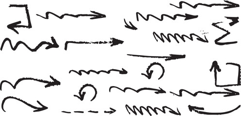 A set of funny cartoon hand drawn vector arrows with bird silhouette illustrations in flight