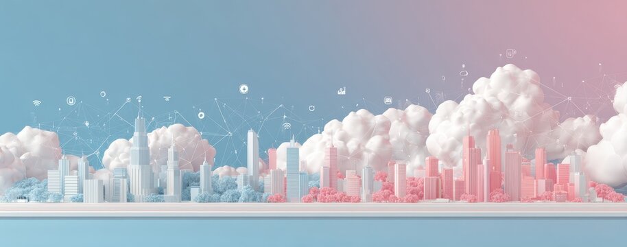 A smart city with a digital network and icons, clouds in the sky, a gradient background, 3D render