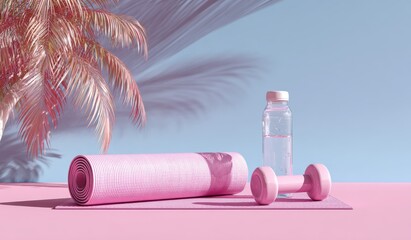 A yoga mat, dumbbells, and a water bottle on a pink background