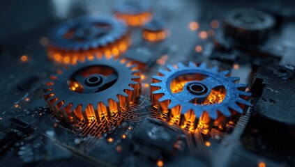 Blue and orange glowing cogs on a circuit board background