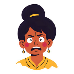Cartoon woman with bun and earrings expressing concern