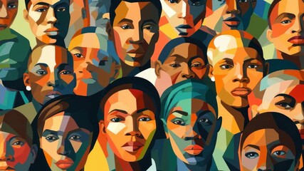 Vibrant, abstract portrait collage with diverse faces. Overhead angle creates a dynamic, colorful video-style mosaic of unity and diversity. Live desktop wallpaper. - Powered by Adobe