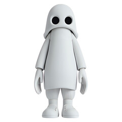A white figure with large eyes standing on white ground