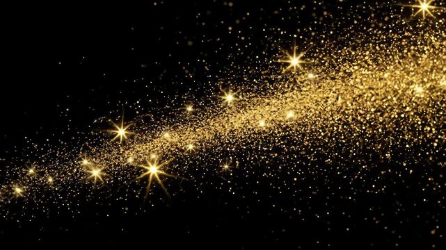 A dark background is illuminated by golden sparkles, dust, and star-shaped bursts. A flowing, bright trail is apparent