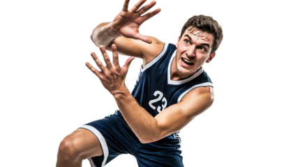 Basketball player defending isolated on transparent background the man is wearing a blue and white uniform and has his hands up in a defensive position