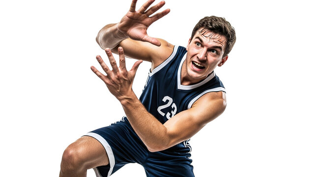 Basketball player defending isolated on transparent background the man is wearing a blue and white uniform and has his hands up in a defensive position