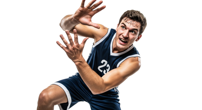 Basketball player defending isolated on transparent background the man is wearing a blue and white uniform and has his hands up in a defensive position