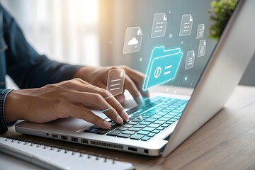 Person typing on a laptop with digital data icons floating above the screen