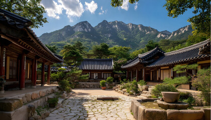 Traditional Korean house courtyard features stone pathways and tiled roofs. Red columns support covered walkways around a central stone patio. Mountains rise in the background under a clear blue sky.