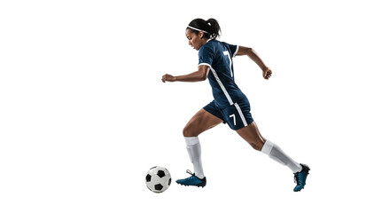 Focused female soccer player in action, dribbling the ball with determination isolated on transparent background dynamic movement and skill in sports