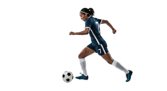 Focused female soccer player in action, dribbling the ball with determination isolated on transparent background dynamic movement and skill in sports