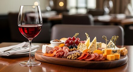 A beautifully arranged charcuterie board with various cheeses, cured meats, fruits, and nuts, next to a glass of red wine.