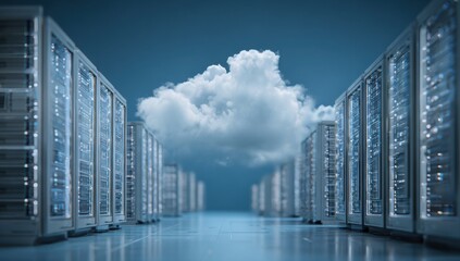 A blue background with cloud technology and data center equipment