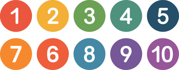 Colorful number circles from 1 to 10, each with a different color and a clear, bold number in the center, perfect for educational or decorative purposes