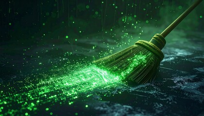 A close-up shot of a broom generating green particles over a dark, watery surface.