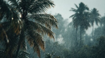 Lush tropical rainforest with tall palm trees dense foliage misty atmosphere humid environment natural landscape background scene